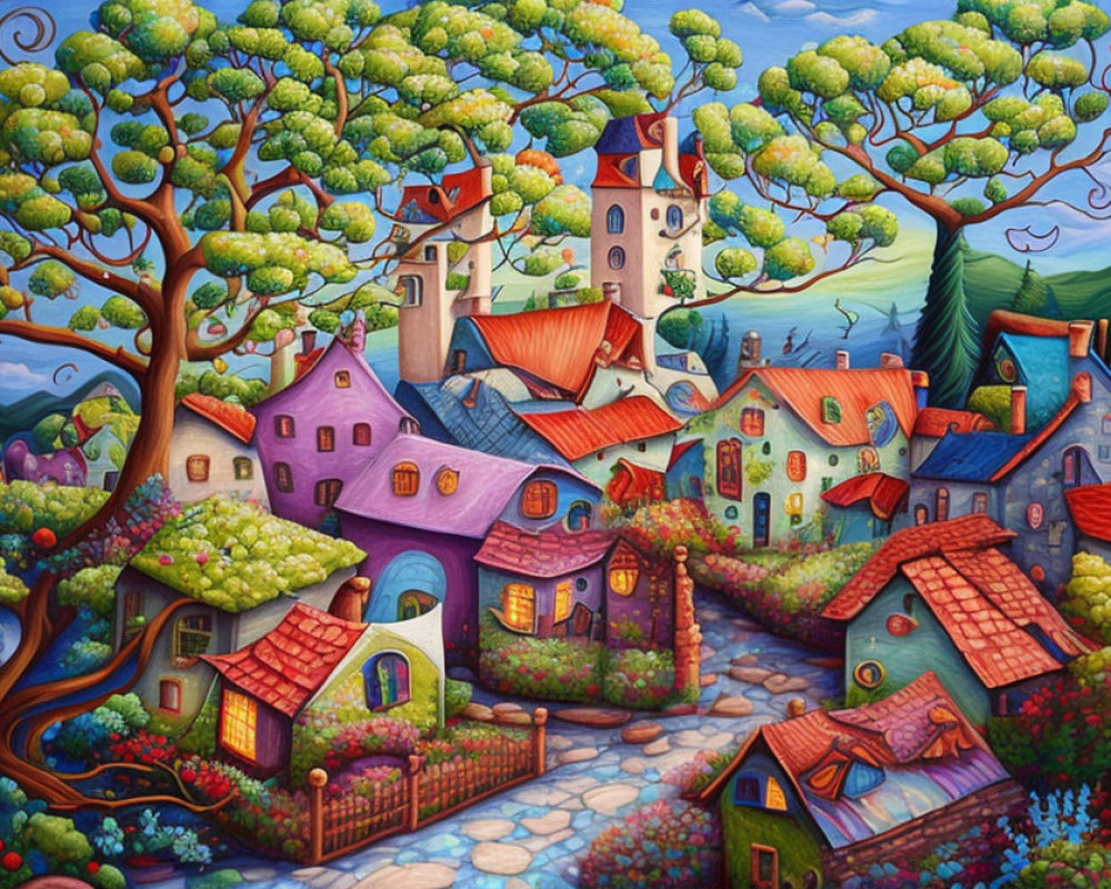 Colorful Village Painting with Whimsical Houses & Blooming Flowers