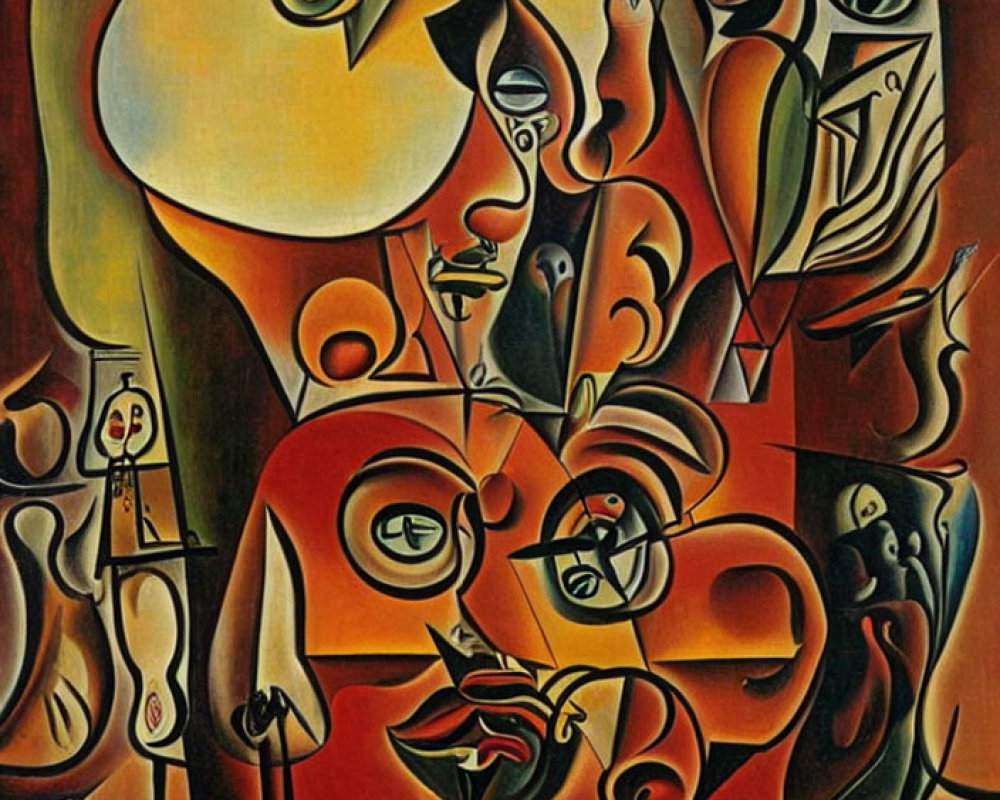 Geometric Cubist painting with distorted human profiles in warm earthy tones