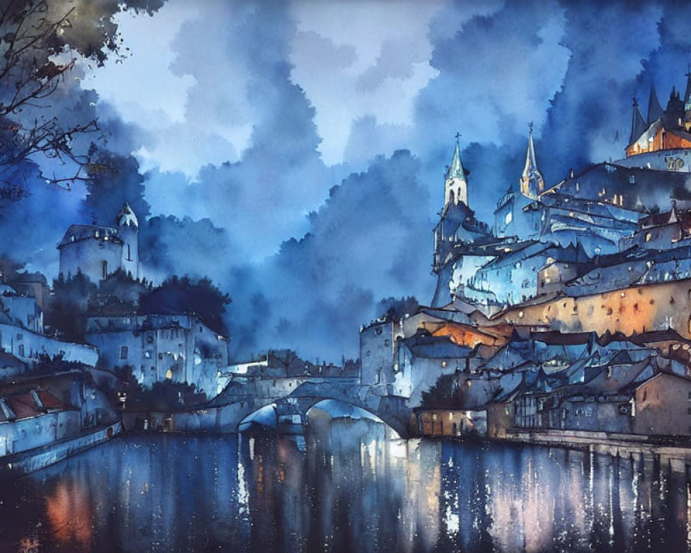 European town watercolor painting: river, bridge, castle buildings, dusk sky