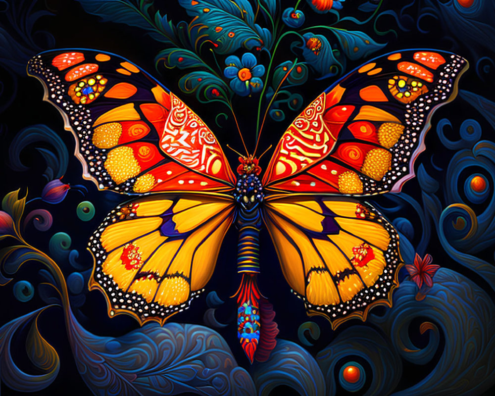 Colorful Butterfly Illustration with Detailed Patterns on Dark Background