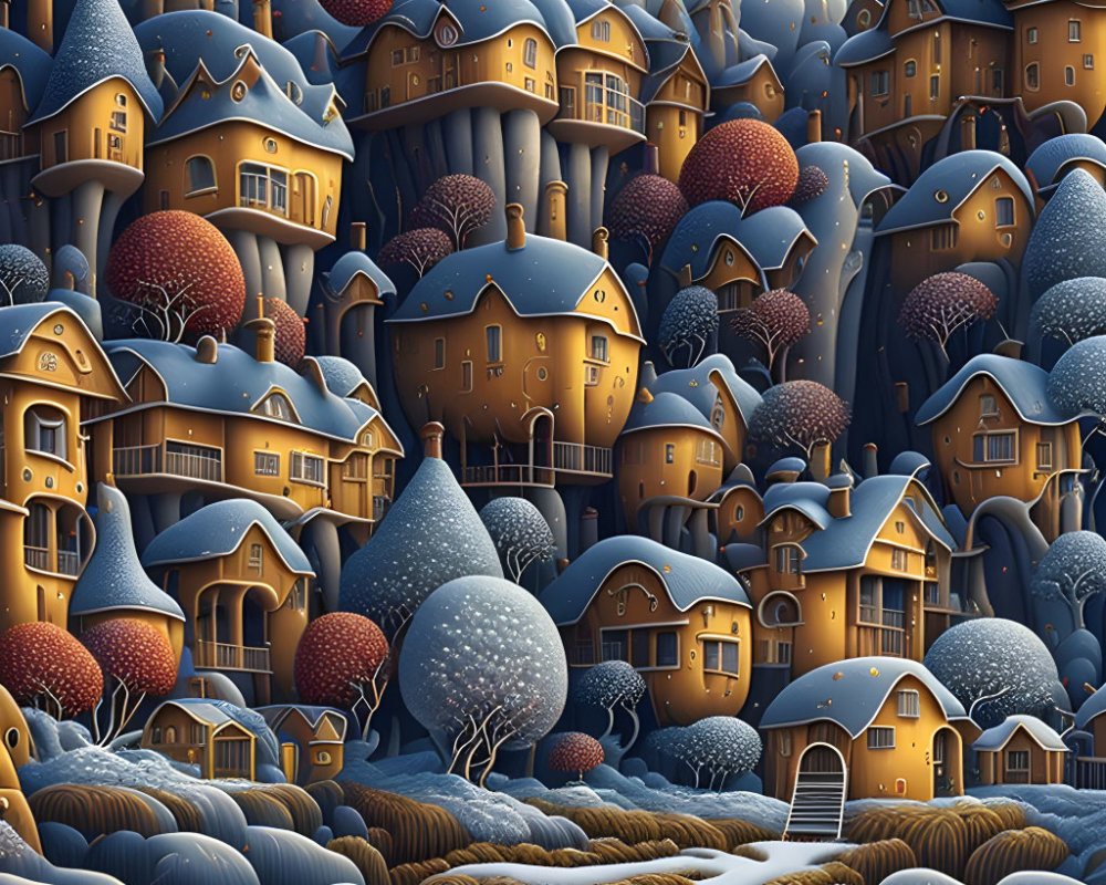 Snow-covered village with cozy houses and spherical trees at twilight