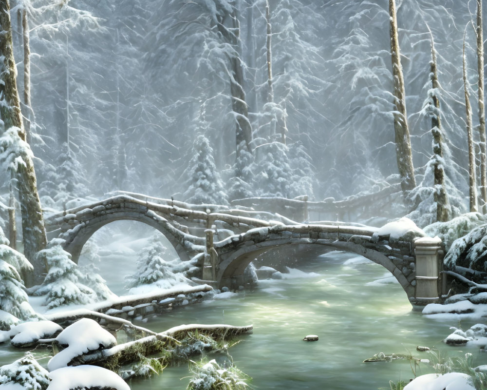 Snow-covered stone bridge over calm stream in serene winter scene