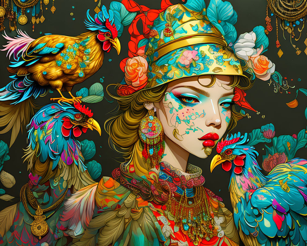 Illustrated woman with ornate gold jewelry and headdress surrounded by vibrant roosters and floral motifs