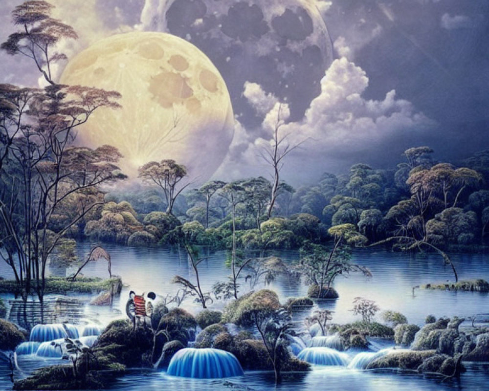 Fantastical Landscape with Blue Waterfalls, Canoe, and Moons