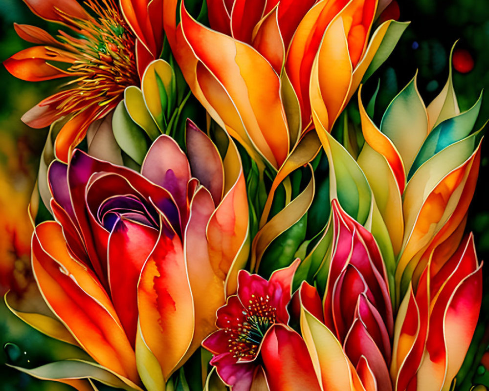 Colorful digital artwork featuring stylized fiery flowers on bokeh background