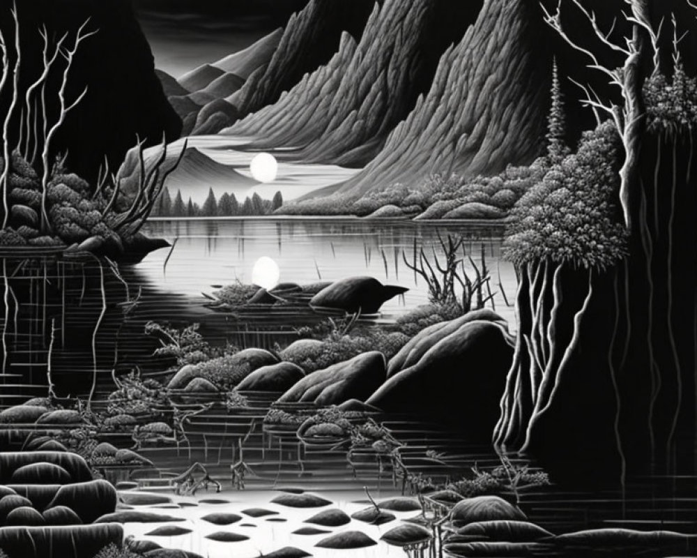 Serene monochrome landscape with lake, hills, full moon, trees, and reflective water.