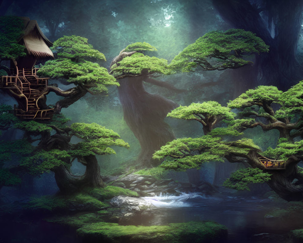 Mossy treehouses in serene enchanted forest stream