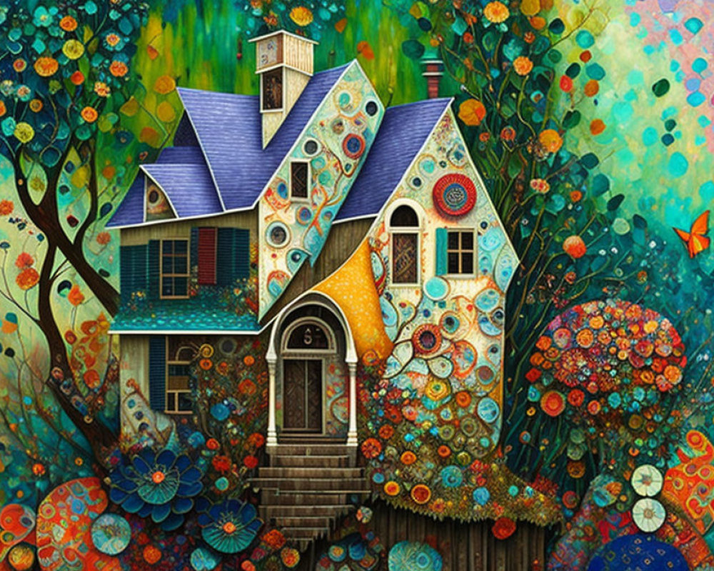 Colorful painting of whimsical house with blue roofs and vibrant trees under multicolored sky