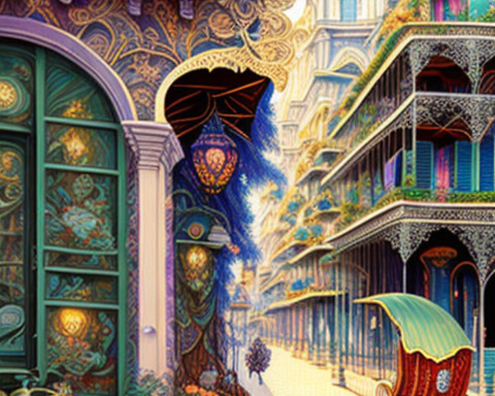 Whimsical street illustration with ornate buildings and carriage