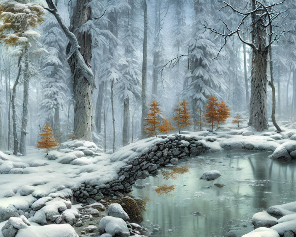 Snow-covered winter forest with stone bridge and orange saplings