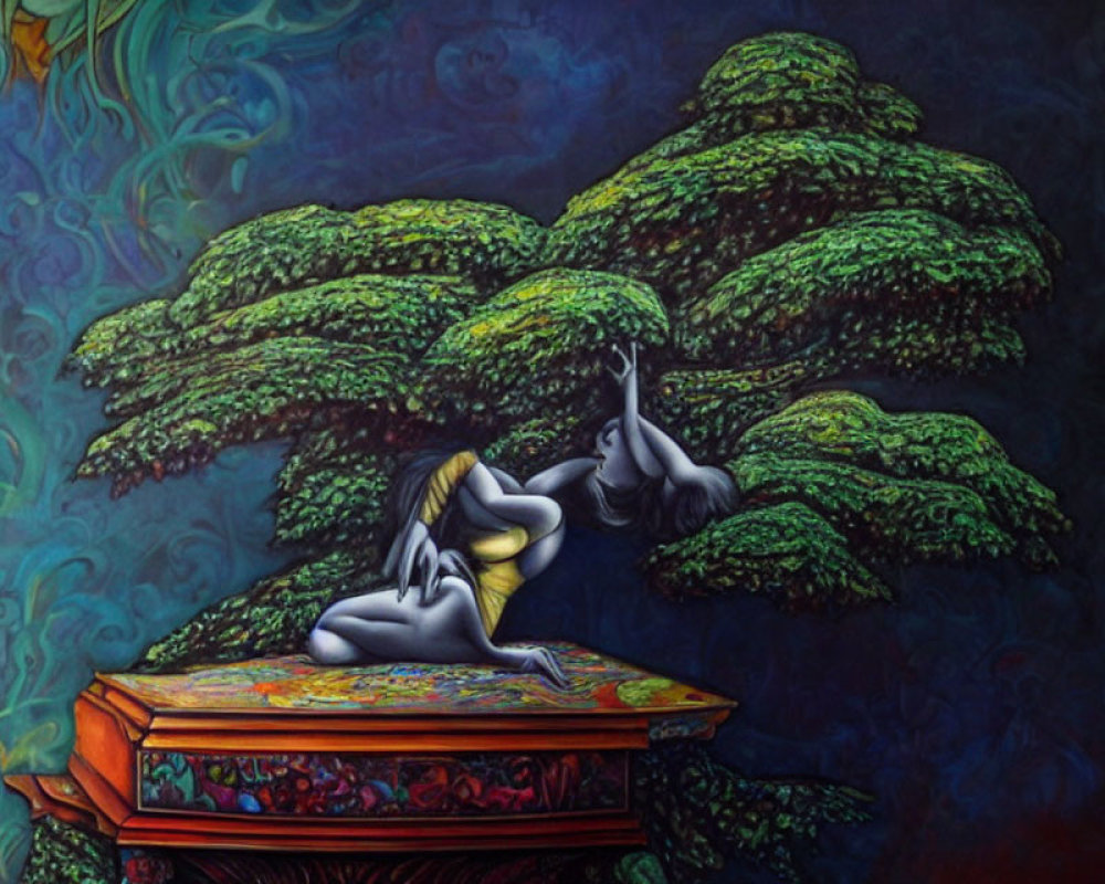 Surreal painting of person levitating above ornate chest and green trees