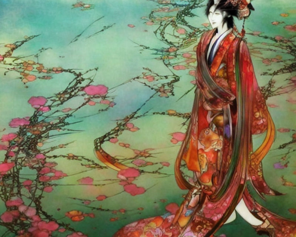 Traditional Japanese attire woman illustration with cherry blossoms.