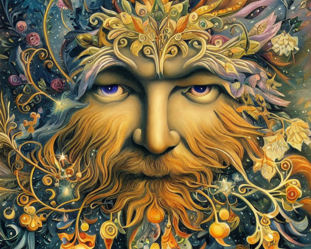 Colorful illustration of mythical forest entity with foliage, flowers, and fruit in hair and beard