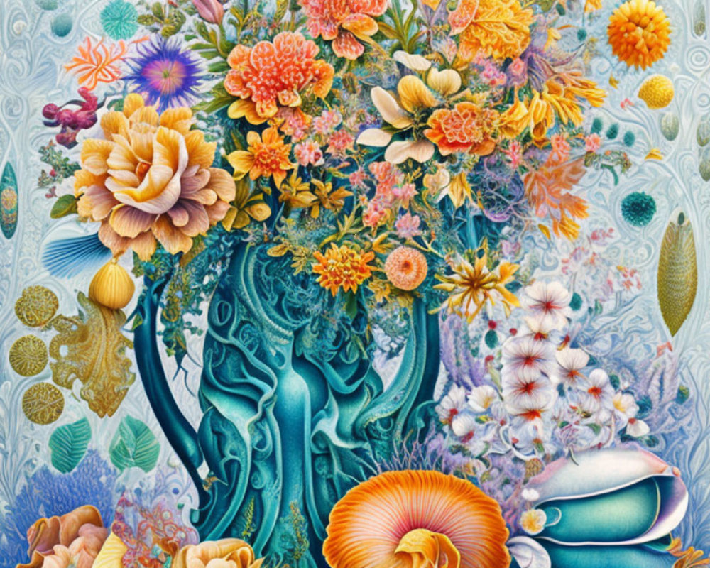 Colorful and intricate bouquet illustration on detailed blue backdrop