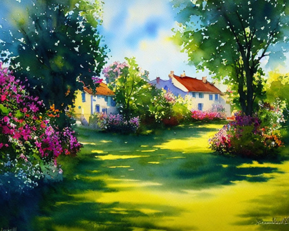 Colorful Watercolor Painting of Sunny Garden with Blossoming Flowers