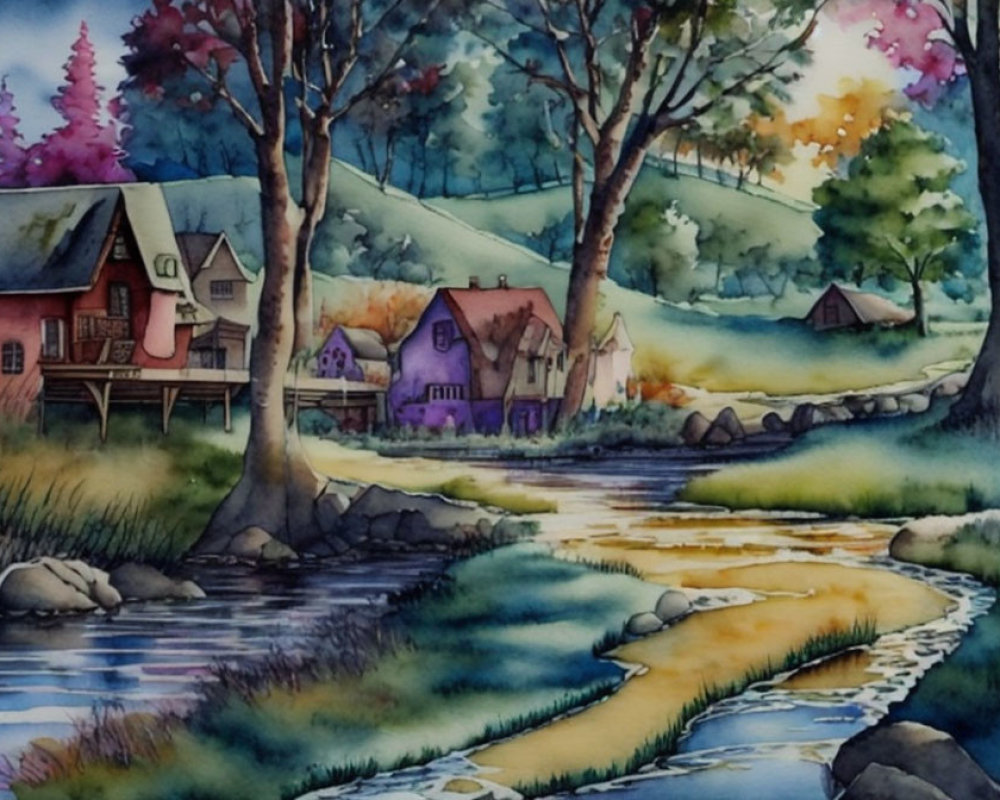 Serene village watercolor painting with stream and colorful trees