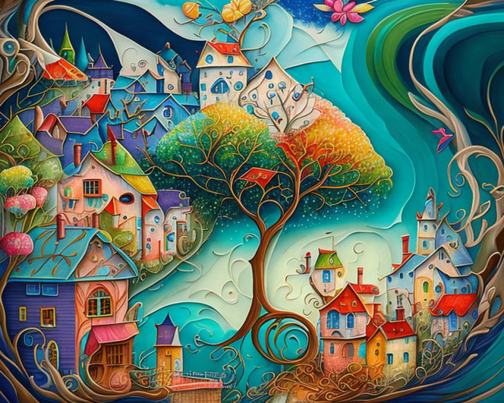 Colorful Whimsical Village Painting with Houses, Trees, Waves, and Butterflies