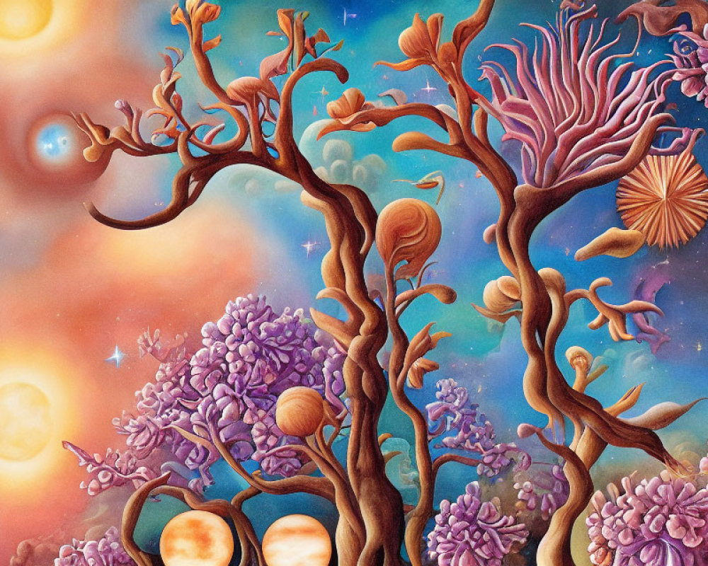 Vibrant surreal landscape with marine life, tree-like structures, and multiple suns.