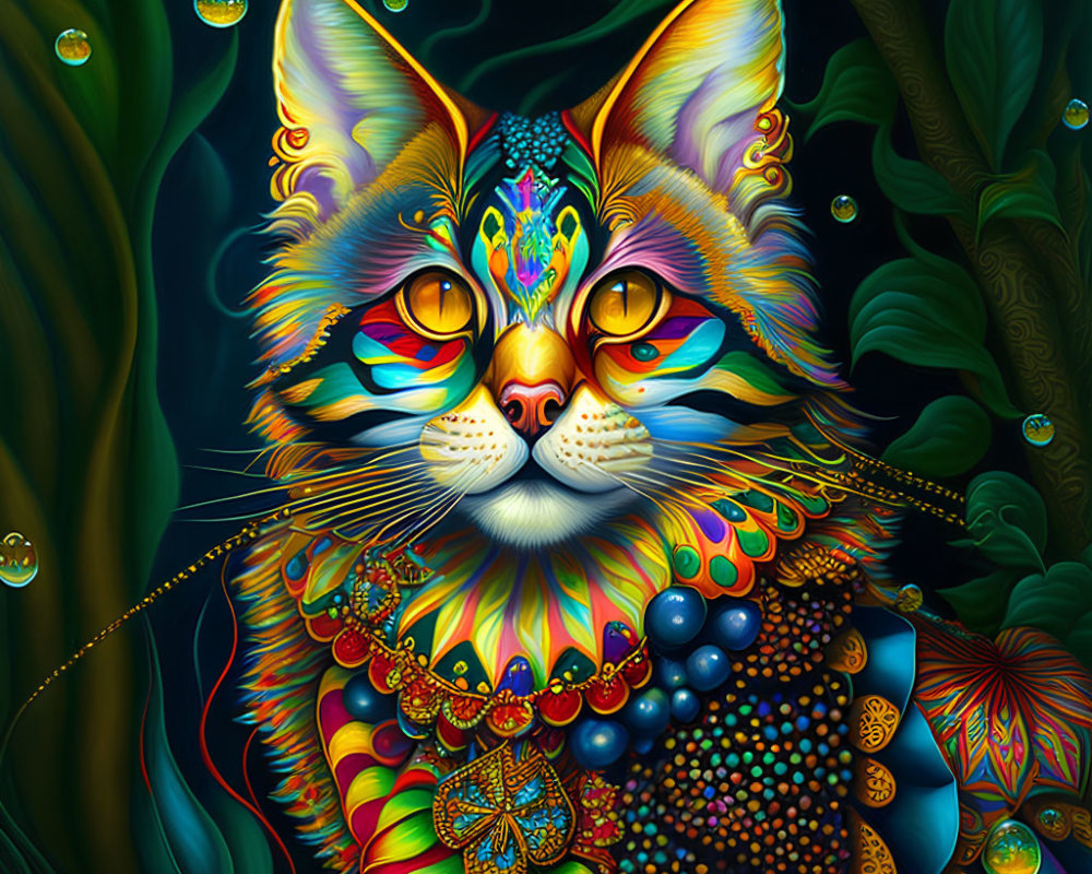 Colorful Cat Art Against Dark Botanical Background