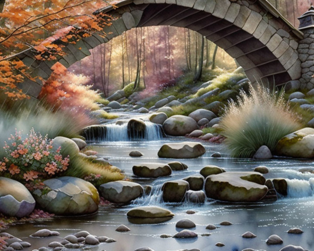 Tranquil autumn scene with stone bridge over stream