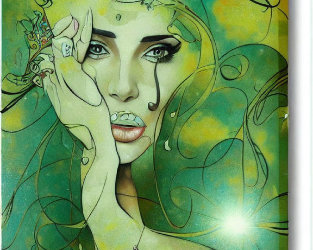 Abstract art: Woman's face with swirling green hues and colorful designs