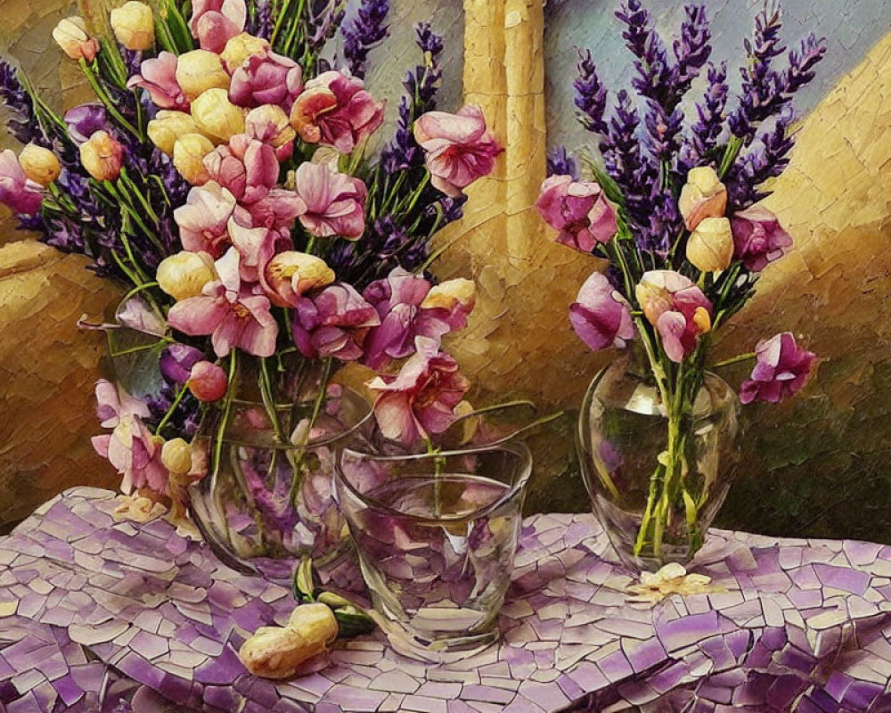 Pink and Purple Flowers in Glass Vases Still-Life Painting