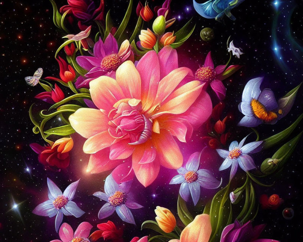 Colorful Flowers and Butterflies in Cosmic Fantasy Scene