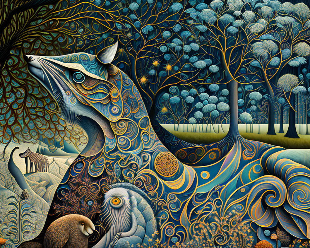 Colorful Fox with Intricate Patterns in Whimsical Landscape