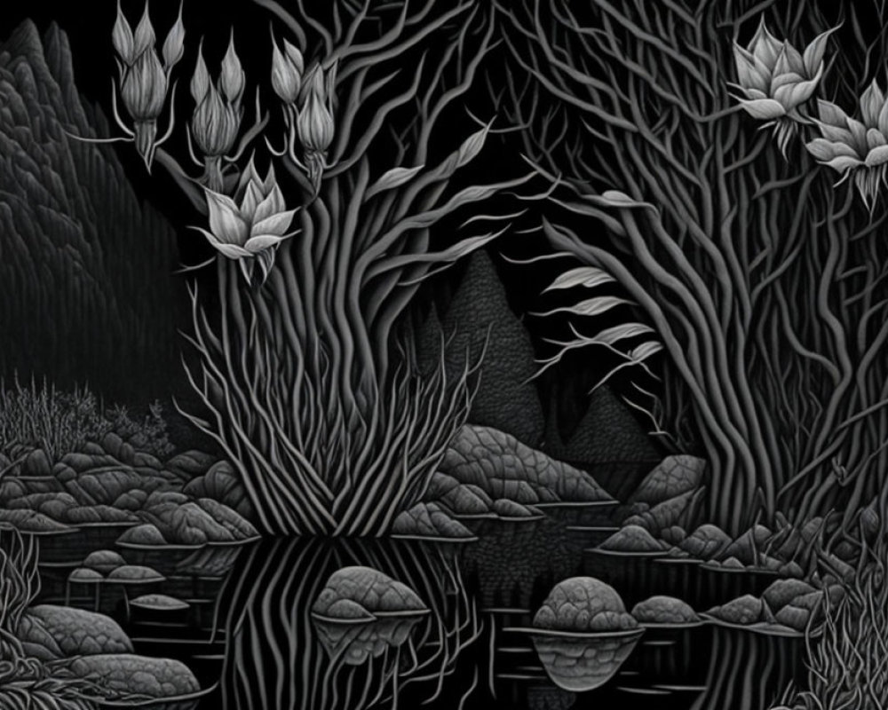 Detailed monochrome mystical forest scene with twisted trees and hanging tulips on serene water.