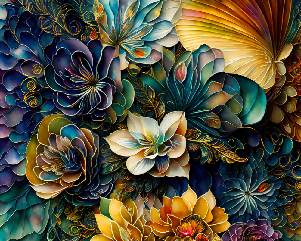 Colorful Digital Artwork of Stylized Flowers with Intricate Patterns