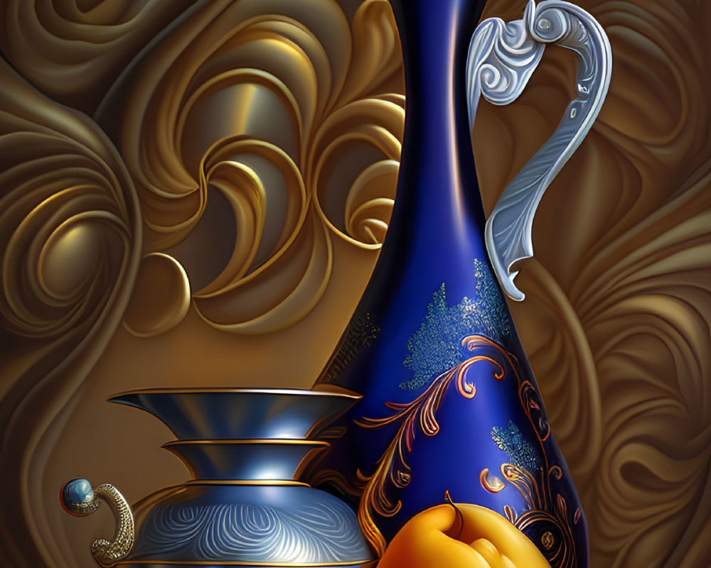 Blue and Gold Ornate Pitcher with Fruit and Bowl on Swirled Brown Background