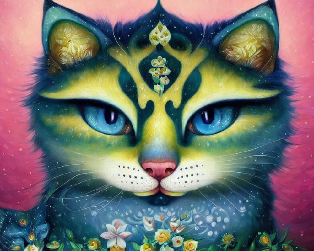 Symmetrical Cat Art with Starry Eyes and Floral Pattern