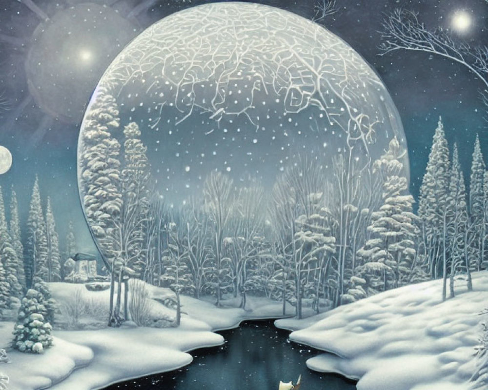 Ornate Glowing Sphere in Winter Night Scene