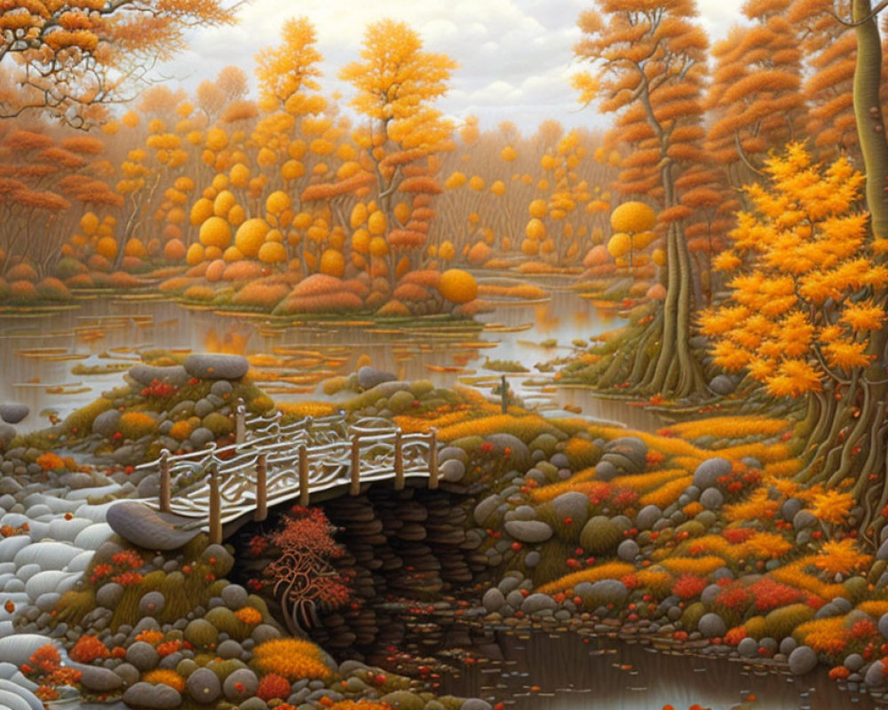 Vibrant orange trees by calm lake in autumnal fantasy landscape