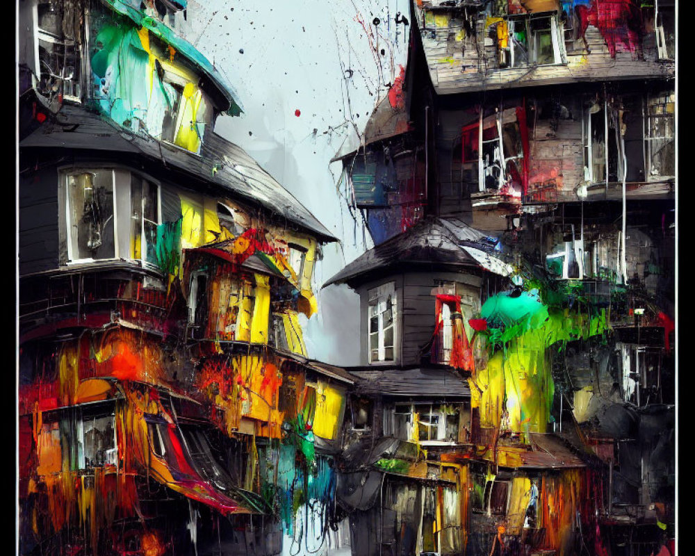 Colorful Abstract Painting of Dilapidated Houses Reflecting on Water