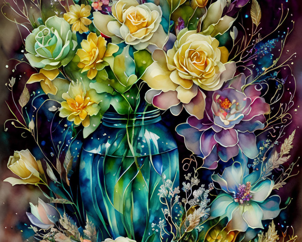 Colorful Watercolor Painting of Bouquet with Yellow, Blue, and Pink Flowers