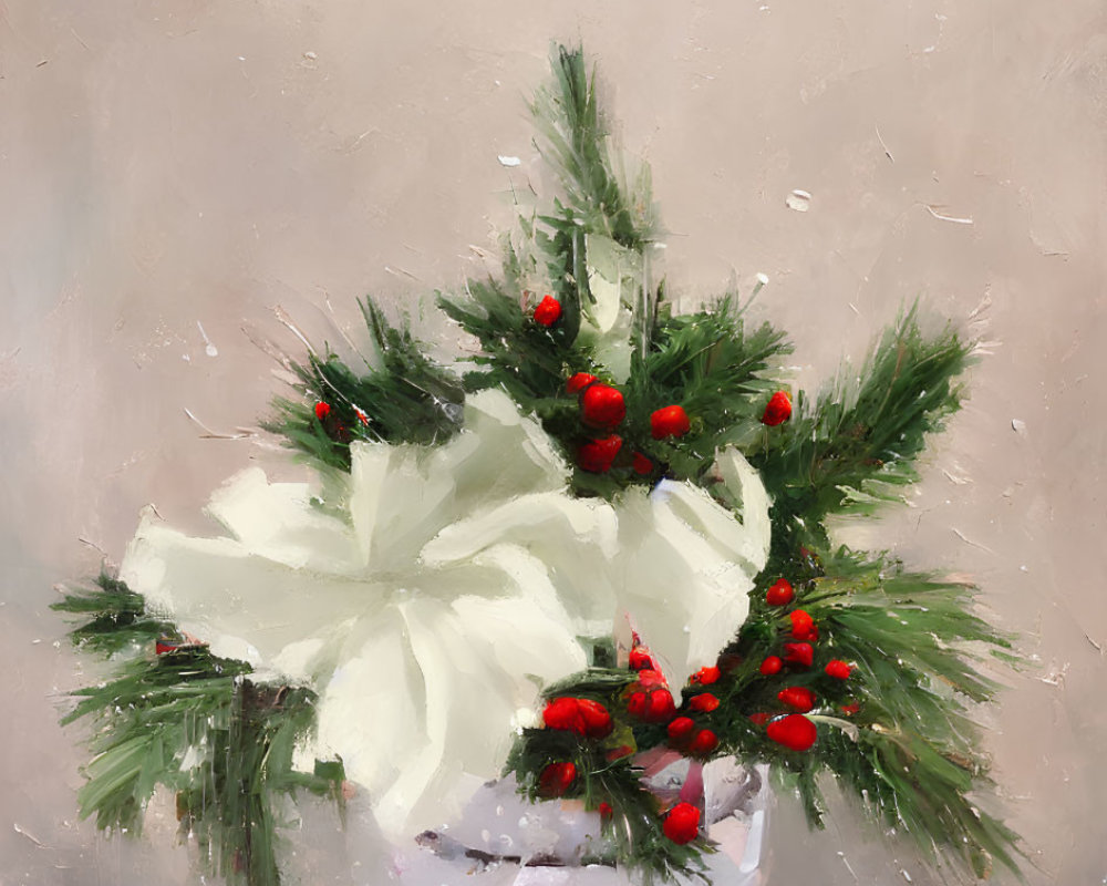 White Poinsettia, Pine Branches, and Red Berries in Snowy Vase