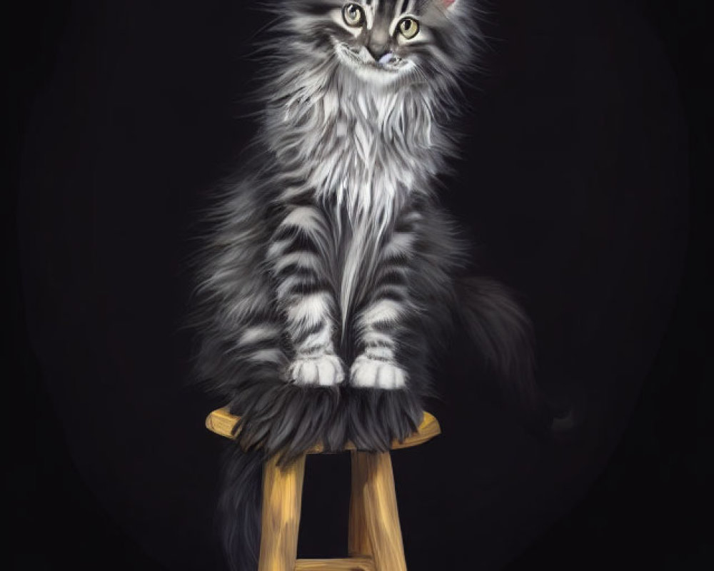 Long-haired cat with striking markings on wooden stool against black background