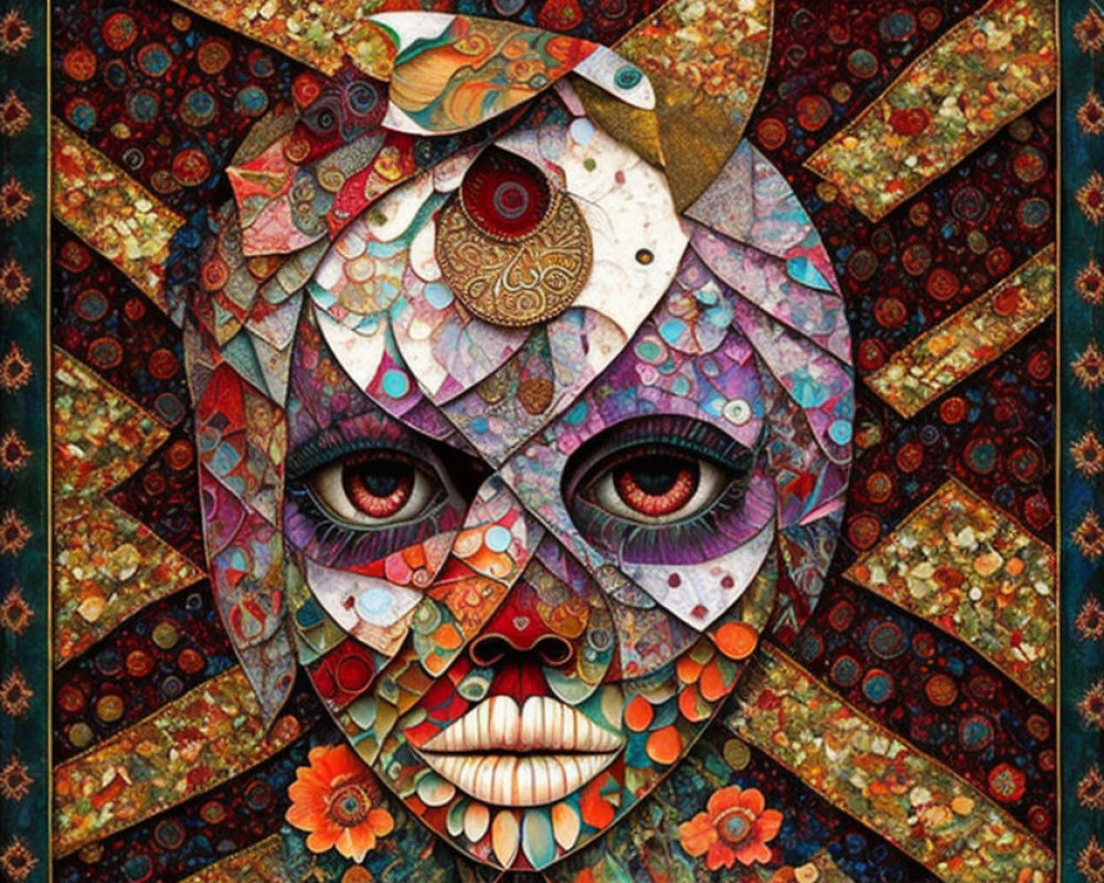 Symmetrical abstract face mosaic with vibrant colors