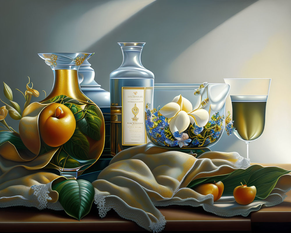 Classic Still Life Painting with Fruits, Oil Bottle, Wine Glass, Flowers, and Draped Fabric