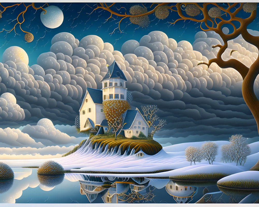 Whimsical landscape: Castle on island, reflective lake, night sky with multiple moons