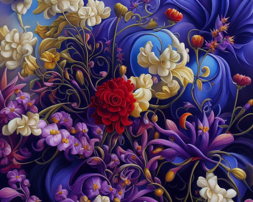 Colorful Stylized Flower Painting in Purple, Blue, and Red