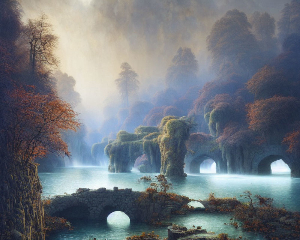 Misty stone bridge over river in autumn landscape