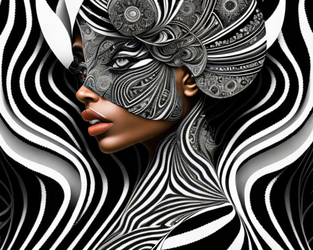 Ornate patterned headpiece on woman merges with hypnotic black and white wave background