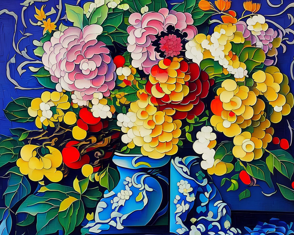 Colorful Floral Painting with Layered Petals on Blue Background