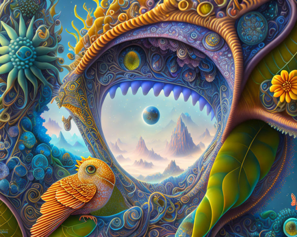 Colorful surreal landscape with owl, plants, mountains, and orbs