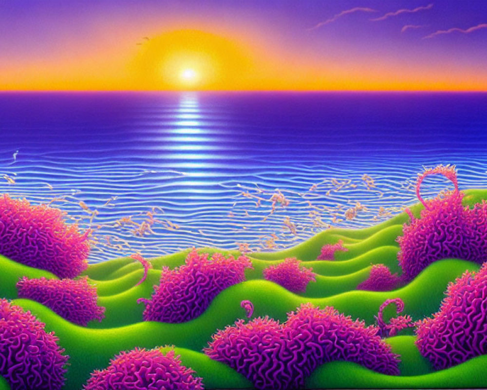 Colorful Surreal Landscape Painting with Pink and Green Hills, Blue Sea, and Sunset Sky