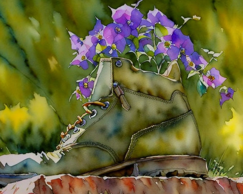 Watercolor Painting of Boot Repurposed as Flower Pot with Purple Flowers