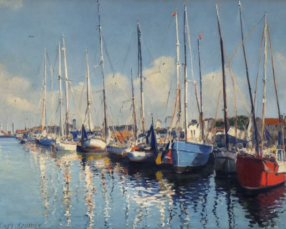 Tranquil Marina Scene with Sailboats and Coastal Buildings