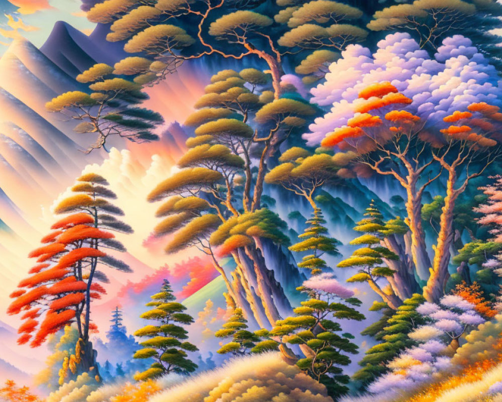 Colorful Landscape Painting with Vibrant Trees and Misty Mountains